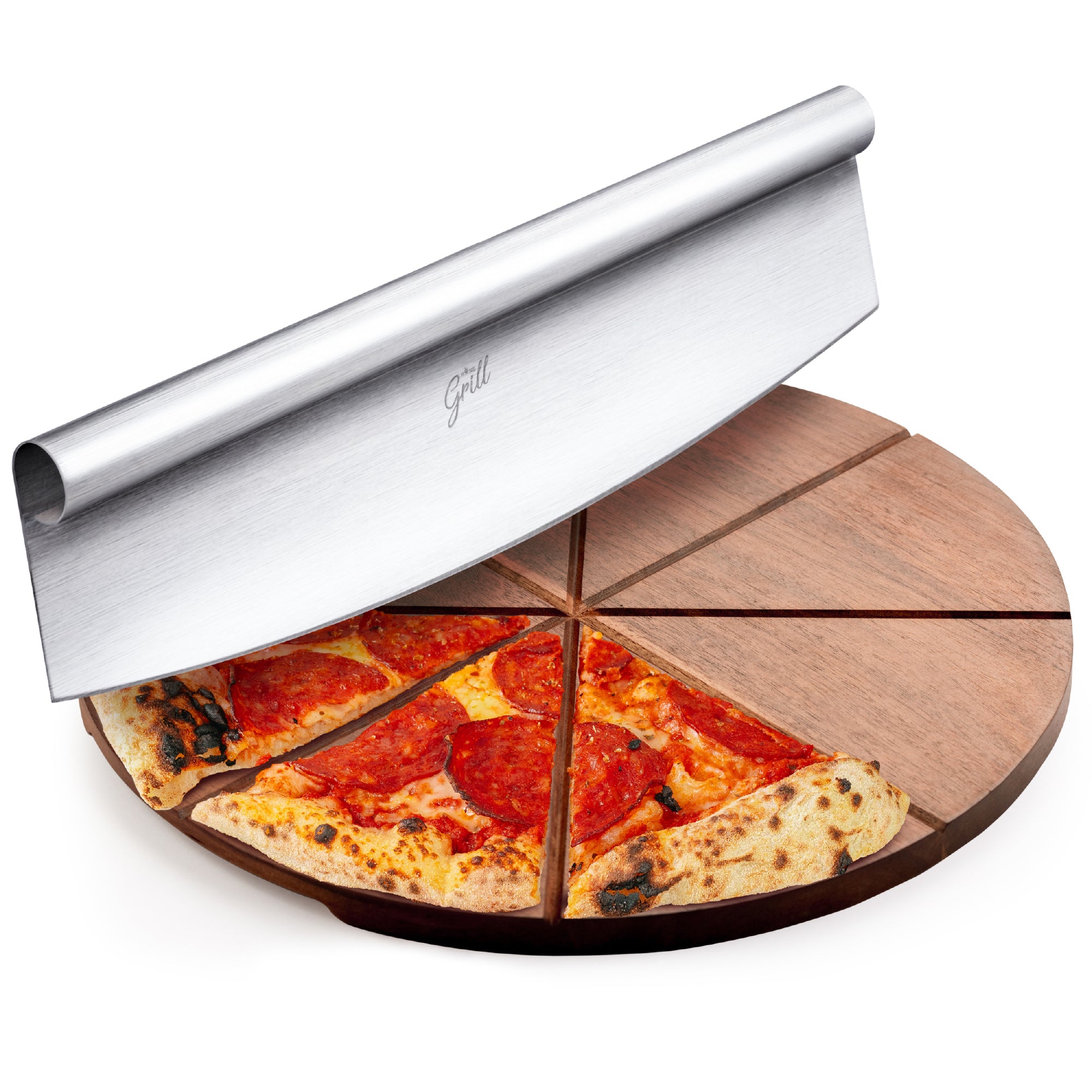 Hans Grill Pizza Cutting Board and Pizza Cutter Rocker Blade Gift Set Professional Stainless Steel Food Slicer with 13.5" Acacia Wooden Board Perfect for Slicing and Serving Pizza, Pies and Cheese