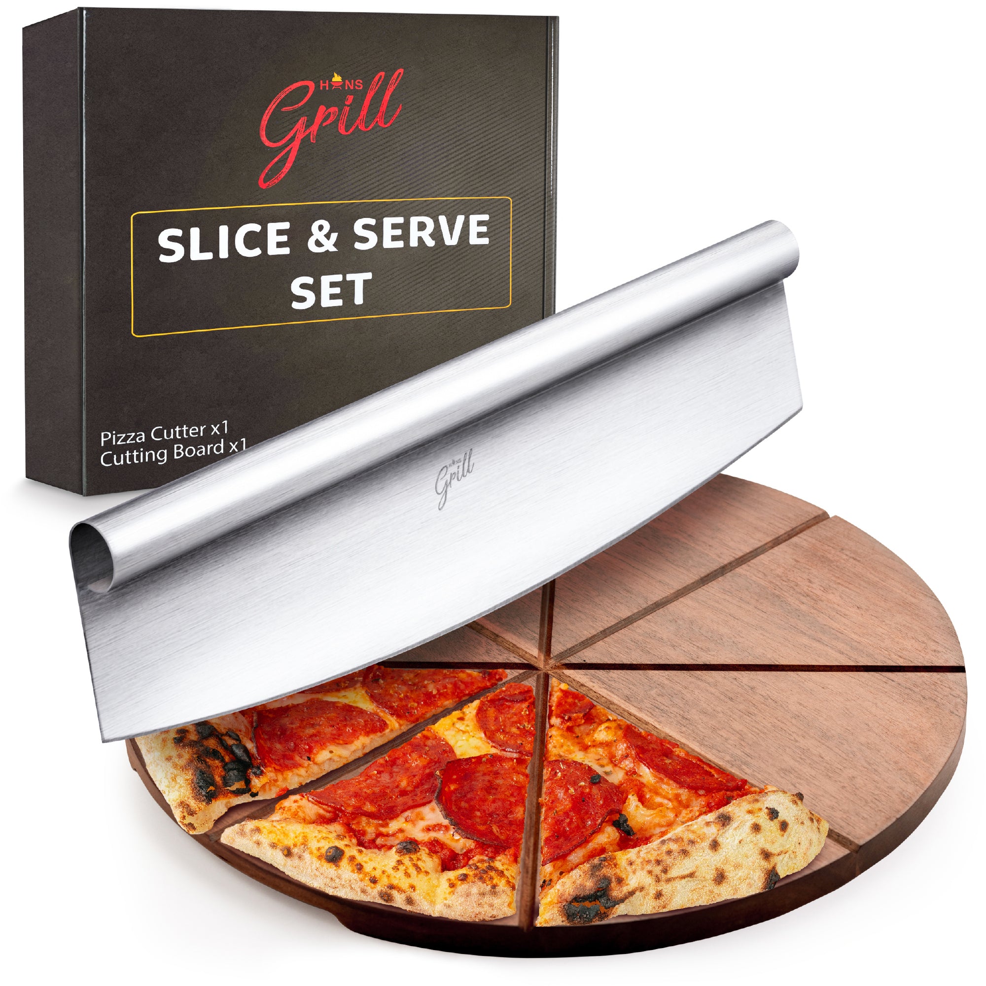 Hans Grill Pizza Cutting Board and Pizza Cutter Rocker Blade Gift Set Professional Stainless Steel Food Slicer with 13.5&quot; Acacia Wooden Board Perfect for Slicing and Serving Pizza, Pies and Cheese