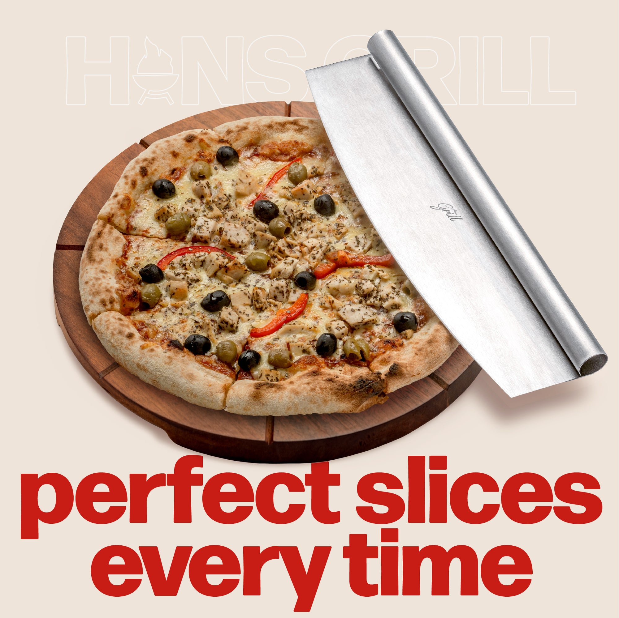 Hans Grill Pizza Cutting Board and Pizza Cutter Rocker Blade Gift Set Professional Stainless Steel Food Slicer with 13.5&quot; Acacia Wooden Board Perfect for Slicing and Serving Pizza, Pies and Cheese